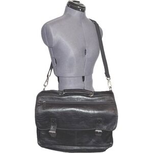 Vintage Mens Black Leather Briefcase Messenger Bag Laptop Crossbody Distressed